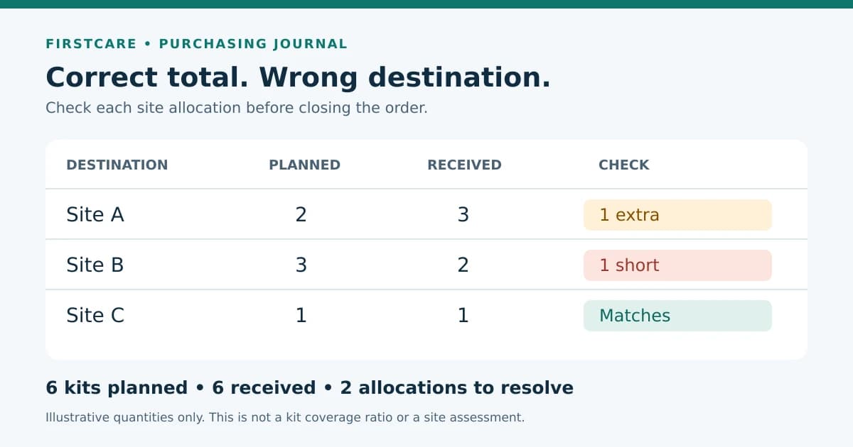 Illustrative allocation: Site A planned two kits and received three; Site B planned three and received two; Site C planned and received one. Both totals are six, but two site allocations differ.